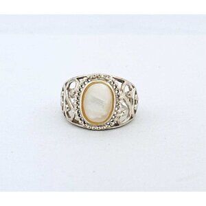 Estate Sterling Silver 925 Ring Size 8 Filigree Design with Oval Mother of Pearl